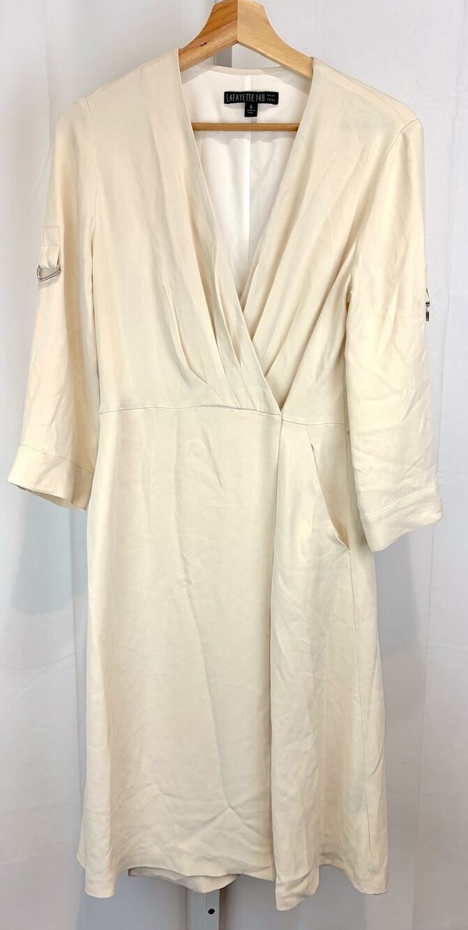LAFAYETTE 148 Silk Wrap Midi Dress 3/4 Roll Tab Sleeve V Neck Ivory Size 6